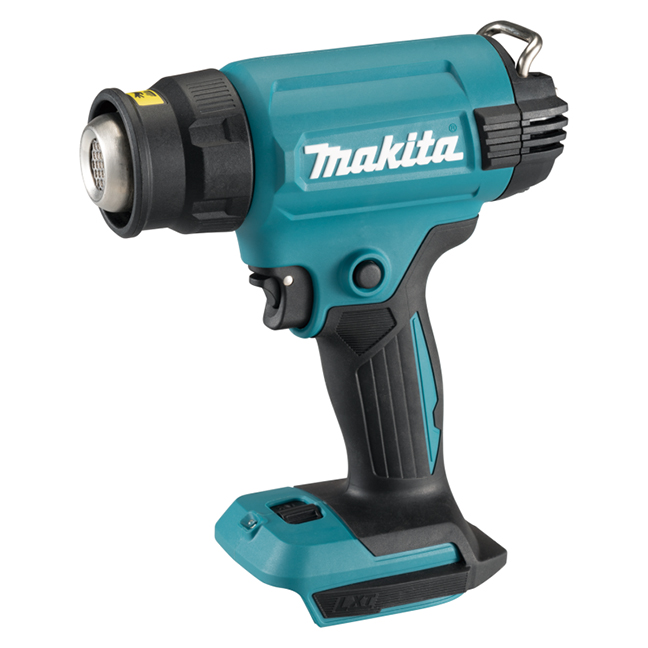 Pistolet à air chaud sans fil Makita DHG181ZK avec poignée ergonomique, LED intégrée et buse sur fond neutre